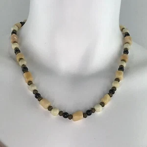 Handmade Necklace Beige Calcite Magnesite Black Obsidian Bronze Unisex Design - Picture 1 of 5