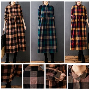 Women Check Dress Plaid A-line Tartan Long Casual Retro High Waist Long Sleeve - Picture 1 of 20
