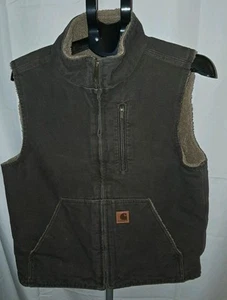 Vtg Carhartt Sherpa Lined Vest V33-DKB Brown Full Zip Work Wear Size Medium - Picture 1 of 7