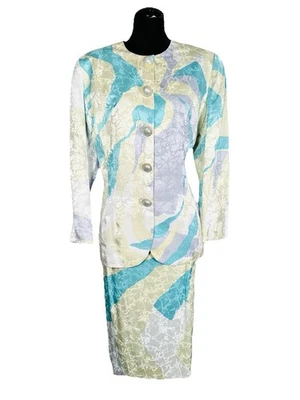 Anne Crimmins for UMI Volup Silk Skirt Suit Blazer Jacket Aqua Lime 2 Pc L/XL - Image 1 of 4