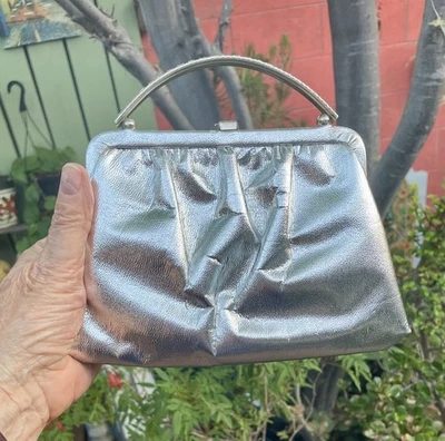 Vintage  Silver Faux Leather Purse, Rhinestone Handle, Gold Satin Lining - Image 1 of 4