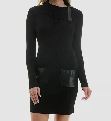 Vestido suéter BCX para mujer negro imitación cuero manga larga talla pequeña Foto 1 de 3