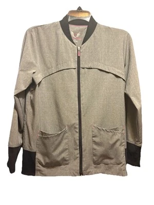 Chaqueta Médica Smitten Para Mujer Gris Rosa Borde Cremallera Talla Mediana Bolsillos Calce Ajustado Foto 1 de 4