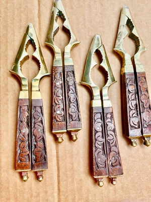 SOLD AS EACH Four Vintage Brass Nut Or Lobster Claw Cracker WOOD GRIP - Image 1 of 4