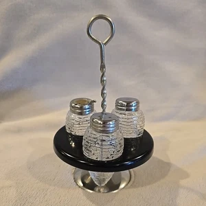 VINTAGE GLASS SALT & PEPPER SHAKERS, SUGAR SET WITH STAND - Picture 1 of 2