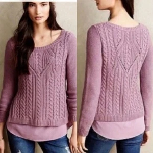 Anthropologie MOTH Ella Layered Cable Knit Sweater Slit Sides Purple Size Large - Picture 1 of 6