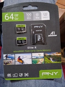 PNY 64GB Elite-X Class 10 U3 V30 100mb/s MicroSDXC Flash Memory Card 2-Pack - Photo 1 sur 1