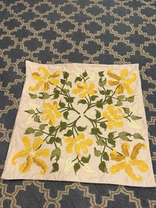 Pottery Barn 20" Linen Cushion Pillow Cover Yellow Floral Embroidery Boho - Picture 1 of 5