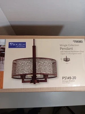 Progress  3-Bulb Drum-Style PENDANT LIGHT w/ Natural Parchment Glass Shade - Image 1 of 4