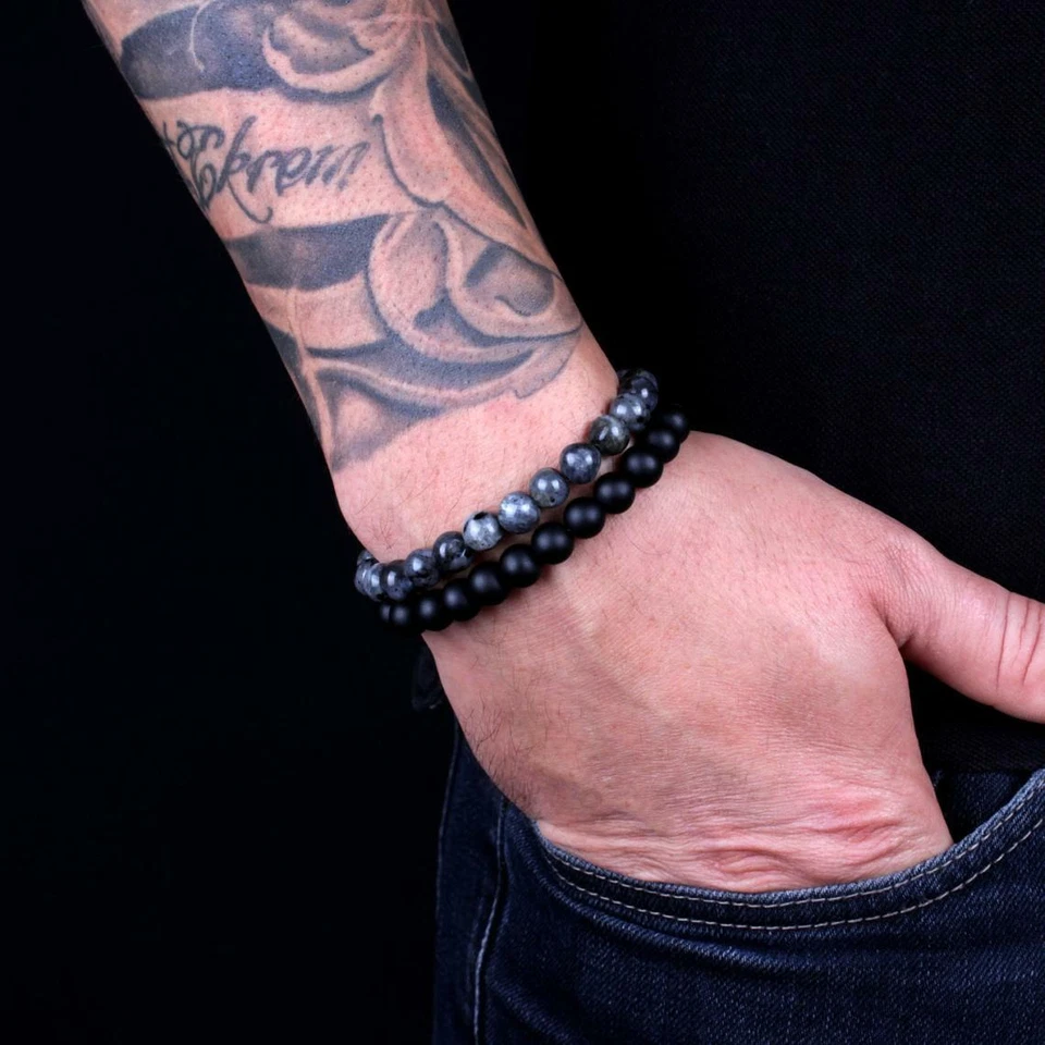 Fashion Men 8MM Lava Stone Black Obsidian Agate Beaded Onyx Healing Bracelet Set - Image 1 of 4