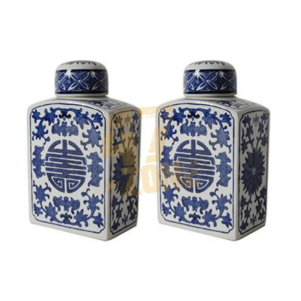 Porcelain S/2 Ren Rectangular Blue White Lidded Jar Indoor Outdoor Home Decor - Image 1 of 1