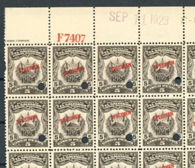 EL SALVADOR Revenue 5p ABNCo *F7407* SPECIMEN 1923 Corner Block{15} MNH ZU37 - Image 1 of 4