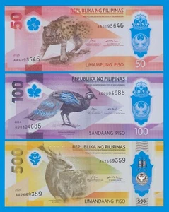 Philippinen 3 Scheine, 50 + 100 + 500 Piso P Neu 2024 /2025 UNC Polymer Scheine - Bild 1 von 2