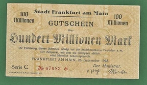 03 284 Notgeld Stadt Frankfurt a.M. 100 Millionen Mark, 28.9.1923, Serie C, Nr r - Bild 1 von 2