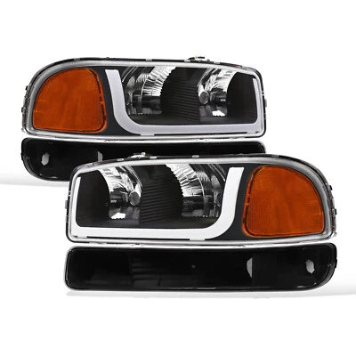 Topline For 1999-2007 GMC Sierra LED Strip Headlights+Corner Signal Amber Black - Image 1 of 4