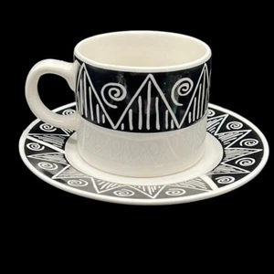 Mug & Saucer Majesticware by Oneida Shadow Black White Eclectic Stoneware 8 oz - Picture 1 of 11
