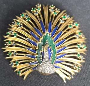 Vintage Jomaz Gold-tone Blue Green Rhinestone And Enamel Peacock Brooch Signed - Picture 1 of 4