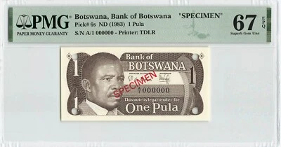 BOTSUANA 1 Pula 1983, ESPECIMEN P-6S, PMG 67 EPQ Excelente Gema UNC, A/1 000000. Foto 1 de 2