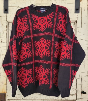 Suéter Grueso De Colección Años 90 Gant Para Hombre Tejido a Mano Algodón Rojo Negro Copo de Nieve L Grande Foto 1 de 4