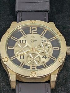 Techno Pave Mens Round Gold Tone 48 mm Case Black Band Watch 8.5 Inch