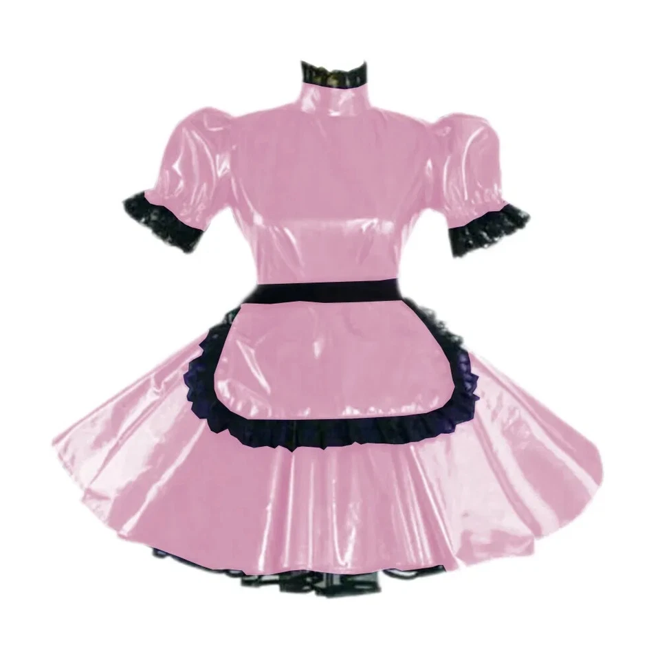 Lockable Shiny Metallic Patent Leather Turtleneck Short Puff Sleeve Maid Dress - Image 1 of 4