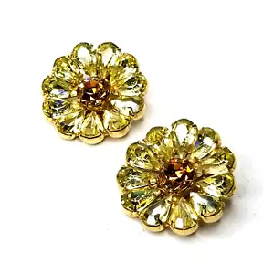 Flower Clip Earrings Yellow Topaz Rhinestone Unsigned Designer High-End Vintage - Picture 1 of 5