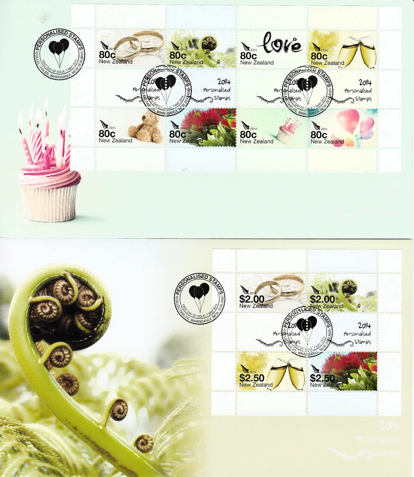 New Zealand 2014 FDC Personalised Stamps 12v on 2 M/S Covers Flowers Teddy Bear - Image 1 of 1