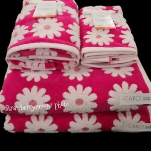 6pc Bright PINK & WHITE DAISY FLOWER Towel Set 2 Bath 2 Hand 2 Tip Caro Home NEW