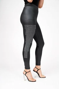 Women's High Waist Matt Leggings Silver Detail Black Jeggings PVC Yoga FitPants - Picture 1 of 6