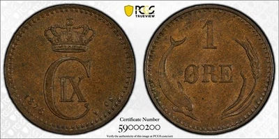 DENMARK 1 ØRE 1876-CS PCGS MS 64BN - KEY DATE! - Image 1 of 2