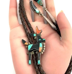 Vintage Zuni Bowman Paywa Inlay Sterling Silver Pronghorn Antelope Bolo Tie - Picture 1 of 8