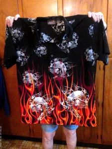 BREAKDOWN FLAMING SKULLS TRIBAL FLAMES GRAPHIC CASUAL MOTORCYCLE ROADHOUSE SHIRT - Picture 1 of 7