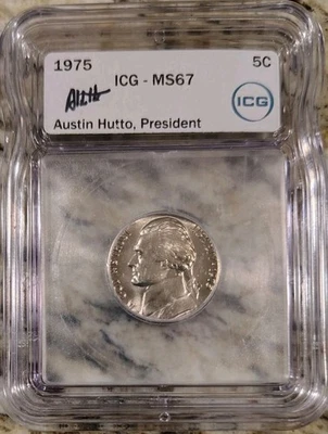 1975 Jefferson Nickel MS67 ICG Autographed Austin Hutton Fresh Grade Top Pop - Image 1 of 4