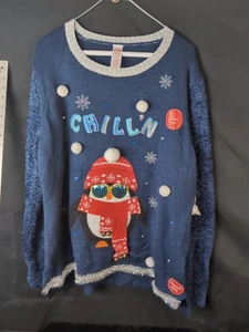 Suéter de Navidad Feo Iluminado Holiday Time Cool Penguin CHILL’N Azul XXL ¡NUEVO CON ETIQUETAS! - Imagen 1 de 7