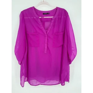 Blusa Top Apt 9 Para Mujer Rosa Magenta Transparente Cuello Dividido Manga 3/4 con Camiseta sin Mangas Talla 1X - Imagen 1 de 11