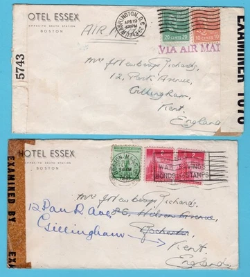 USA 2 censored Hotel Essex covers 1943 Washington, Boston to England - Image 1 of 2