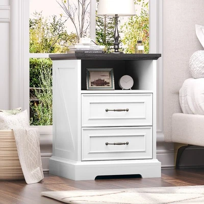 Mesita de noche con estación de carga, mesita de noche de madera rústica para dormitorio Foto 1 de 4