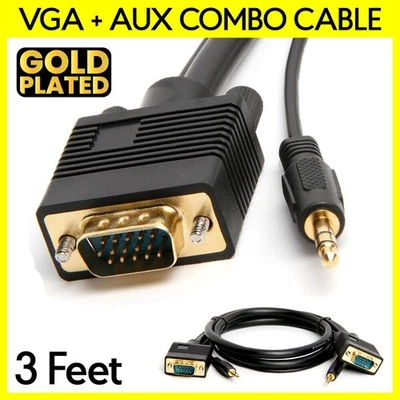 3 Feet VGA Cable with AUX SVGA + 3.5mm Monitor Cord Super VGA Audio Video Cable - Image 1 of 3