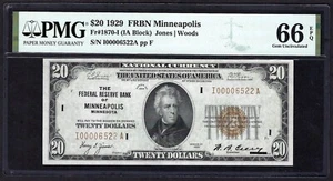 🇺🇸1929 $20 FRBN LOW  S/N:00006522  ♚♚MINNEAPOLIS♚♚ PMG GEM UNC 66 EPQ - Picture 1 of 2