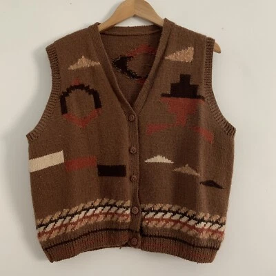Chaleco Cárdigan Estilo Cowichan Hecho a Mano Vintage Talla Grande Suroeste OVNI Extraterrestres Foto 1 de 4