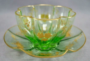 German Bohemian Signed Gold Floral Lobed Green Glass Cup & Saucer C.1890-1910 - Picture 1 of 12