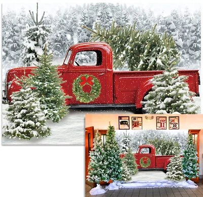 Xmas Red Truck Backdrop Winter Christmas Tree Forest Wreath Let It Snow Backdrop - Image 1 of 4