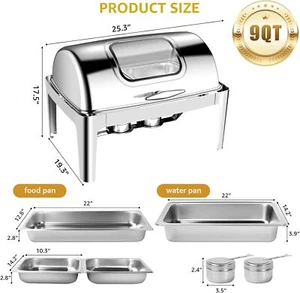 Roll Top Chafing Dish Buffet Set Catering 9QT Food Warmer 1 Full & 2 half pan - Picture 1 of 11