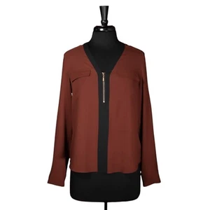Express Women’s Blouse S Brown Black V-Neck Zipper Pocket Pullover Long Sleeve - Picture 1 of 10