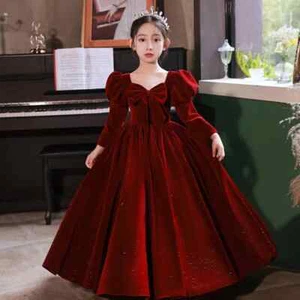 Girls Luxury Evening Long Red Party Dress Prom Clothes Velvet Kid Flower Costume - Picture 1 of 15