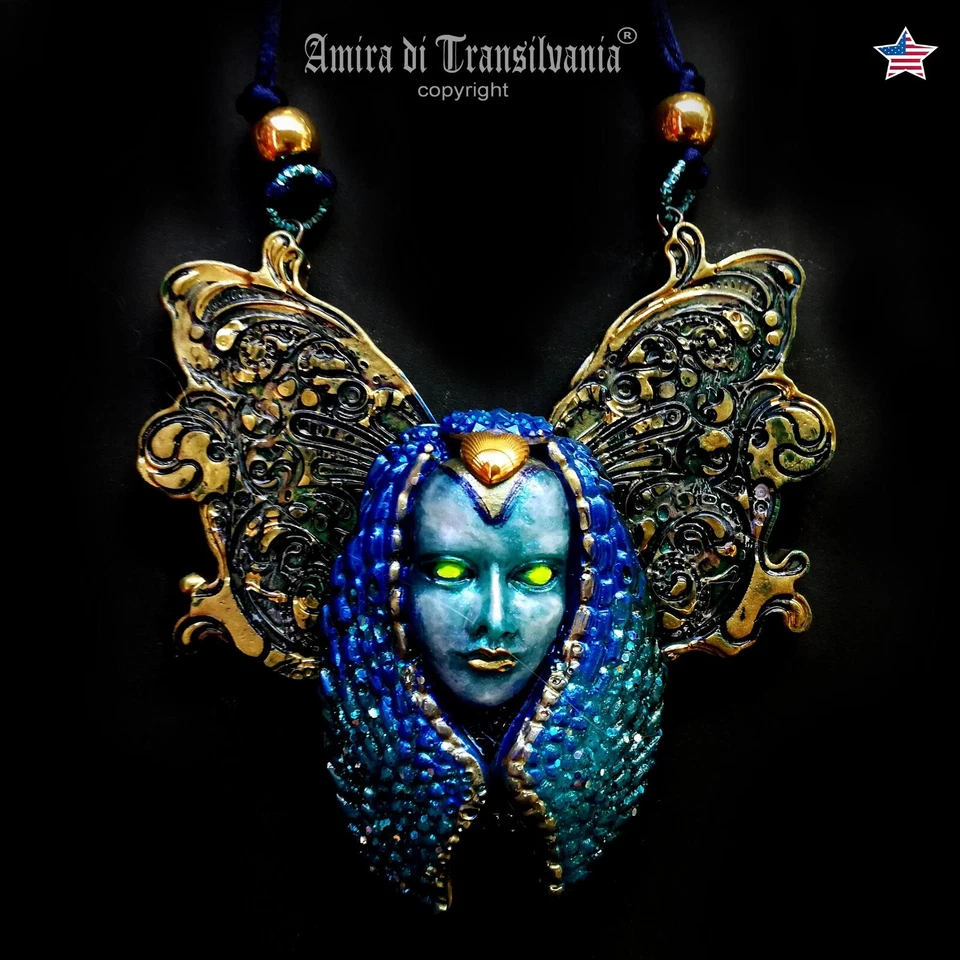 Butterfly Coccon Moth Doll Head Jewelry Necklace Pendant Art Deco Silkworm Charm - Image 1 of 4