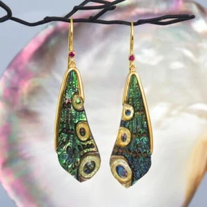 Dragonfly Wing Earrings Abalone Carving Gold Vermeil Sterling Silver Ruby 6.28 g - Picture 1 of 12