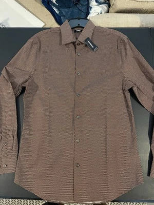 Camisa de vestir Express Slim 1MX para hombre pequeña marrón patrón manga larga abotonada NUEVA Foto 1 de 4