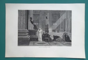 ROME Inside St. Peter's Basilica Pope at Prayer - 1875 Antique Print Xylograph - Picture 1 of 1