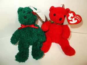 2 Ty 2002 Jingle Beanies GRÜNER URLAUBSTEDDY & ROTER MISTELZWEIG 5" BÄR ORNAMENTE - Bild 1 von 12
